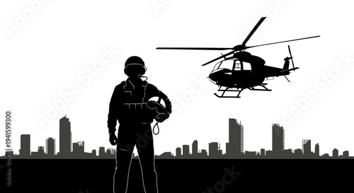 Pilot with Helicopter over City Skyline Silhouette