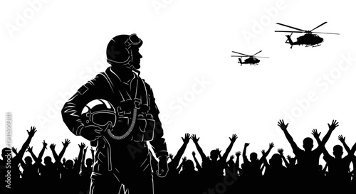 Pilot with Helicopters and Crowd, Military Heroism, Freedom Celebration