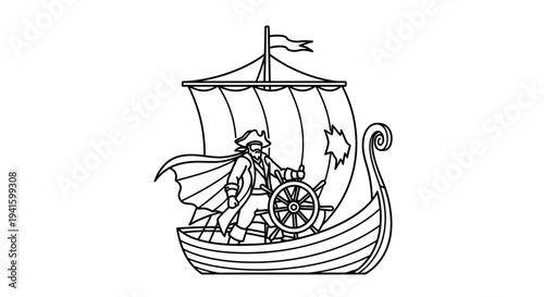 Pirate Captain Steering Viking Ship with Jolly Roger Flag, Nautical Adventure