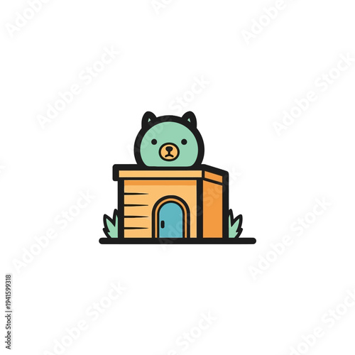 Cartoon bear peeking out of doghouse with orange and blue colors.