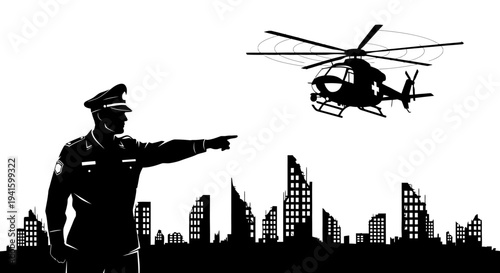 Police Officer Directs Helicopter Over Damaged Cityscape Silhouette