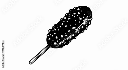 A stylized black and white illustration of a pickle on a stick