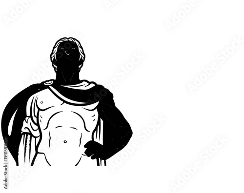 A stylized black and white illustration of a muscular figure in classical attire