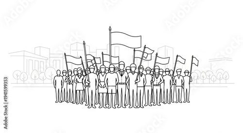 Protest Crowd with Flags