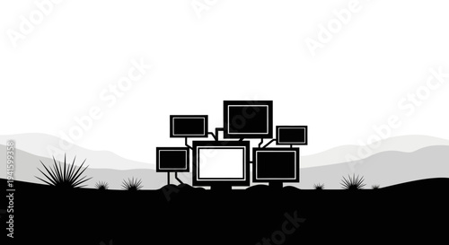 Retro Computer Monitors in Desert Landscape - Vintage Technology Concept