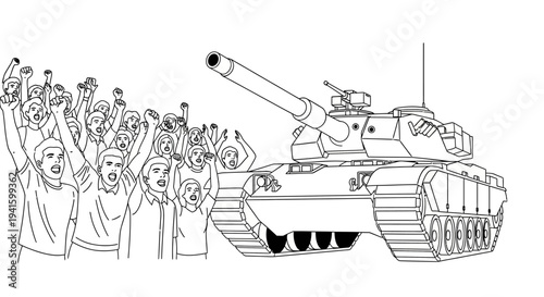 Protesters with Raised Fists Confront Tank, Symbolizing Conflict and Resistance