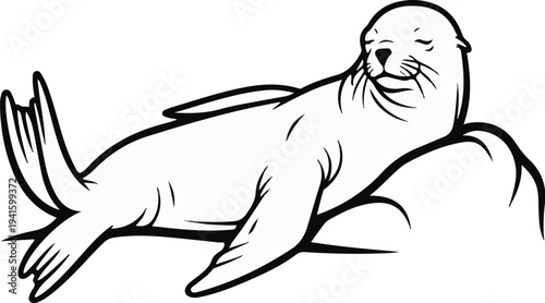 A stylized black and white illustration of a seal lounging on a rock