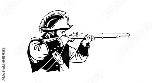 Revolutionary soldier aiming musket, historical reenactment, vintage military illustration