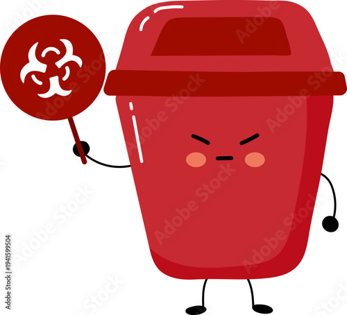 Illustration of cute red trashcan with Biohazard Symbol