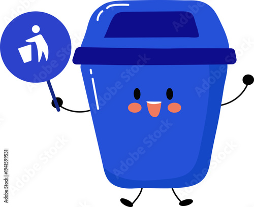 Illustration of cute blue trashcan with General Waste symbol.