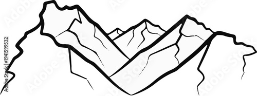 A stylized, black and white line drawing of a mountain range