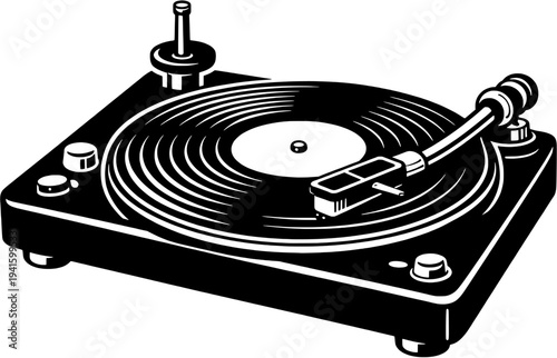 Vintage Vinyl Record Player Turntable with Needle Tonearm Black Silhouette