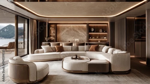 Luxurious interior scene with curved sofa, armchairs, marble backdrop, and scenic outdoor view