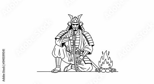 Samurai Warrior Resting by Campfire, Traditional Japanese Warrior, Bushido Spirit, Solitude