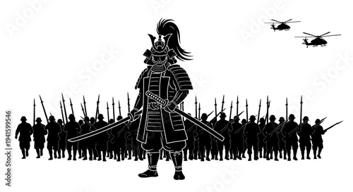 Samurai Warrior Leads Army Against Helicopters, Historical vs Modern Warfare Concept
