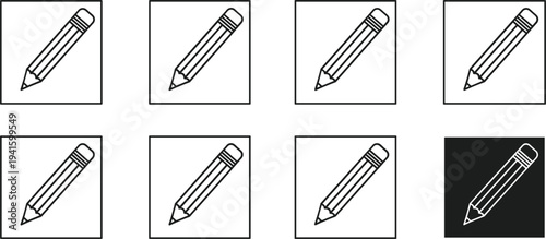 Pencil Icon Set Featuring Writing and Drawing Pencil Symbols in Square Frames for Education, Editing, and Design ToolsPencil 