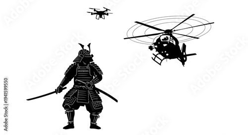 Samurai Warrior Confronts Modern Drones and Helicopter in Artistic Black and White