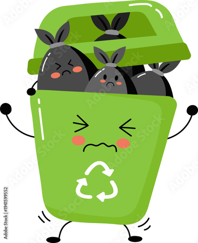 Illustration of cute trashcan with garbage bags