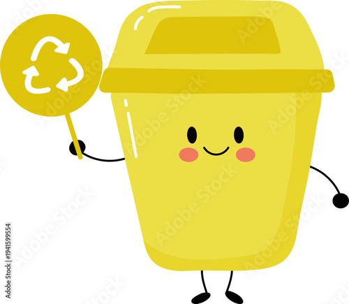 Illustration of cute yellow trashcan with recycle symbol.