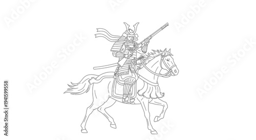 Samurai Warrior on Horseback with Rifle - Historical Japanese Warrior Illustration