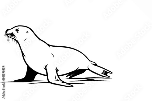 A stylized black and white line drawing of a seal with whiskers