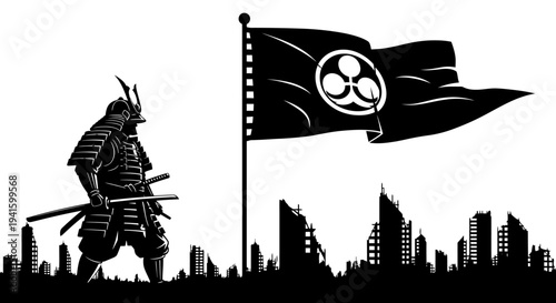 Samurai Warrior Silhouette Over Ruined Cityscape with Flag