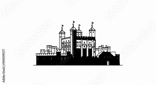A stylized black and white outline of a historic fortress with multiple towers and battlements