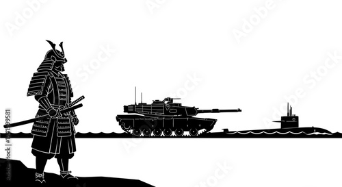Samurai Warrior Stands Before Modern Military Vehicles: Tank and Submarine