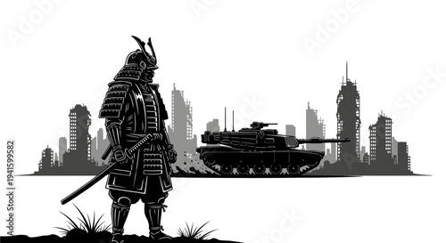 Samurai Warrior Stands Before Futuristic Cityscape with Tank
