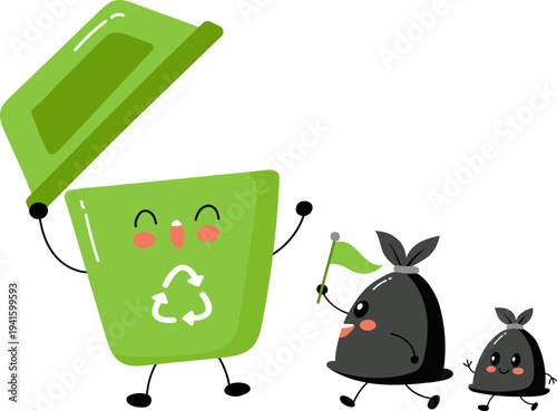 Illustration of cute trashcan with garbage bags