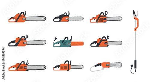 Assortment of Chainsaws and Pole Saw Vector Illustration Isolated.