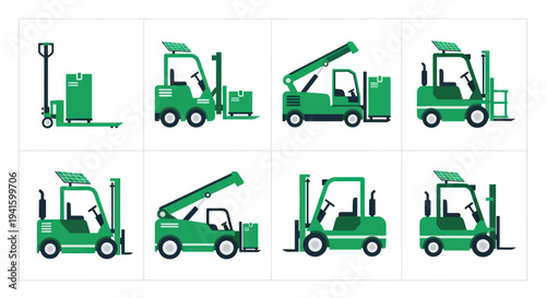 Green Forklift Trucks in Various Positions Isolated on White Background.