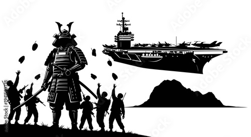 Samurai Warrior with Modern Military Aircraft Carrier and Soldiers - Historical Contrast