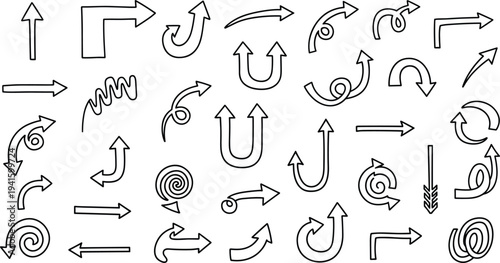Hand Drawn Arrow Icon Set Featuring Curved, Spiral, and Directional Arrows for Navigation, Flowcharts, and Creative Design Elements