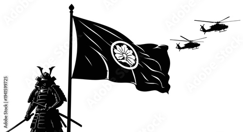 Samurai Warrior, Japanese Flag, and Helicopters - Symbol of Tradition and Modernity