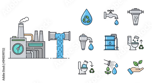 Water treatment and conservation icon set showing factory pollution filtration and eco-friendly water usage.