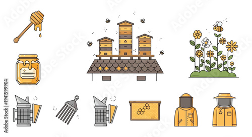 Modern Beekeeping Tools, Honey, Hives, and Bees Vector Collection