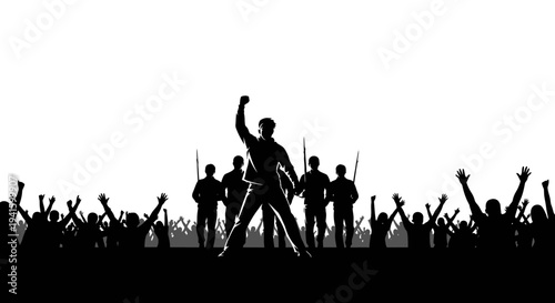 Silhouette of a crowd with a leader raising fist, protest, revolution, demonstration, unity, power, activism