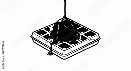 A single scoop of ice cream melting over a square waffle with chocolate syrup