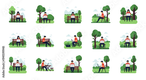 People Enjoying Park Activities with Laptops and Trees.