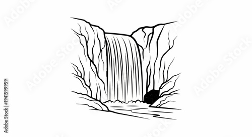 A sketch of a cascading waterfall surrounded by rocky cliffs and sparse vegetation