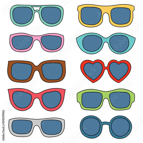 Hand-drawn cartoon set of colorful sunglasses on a white background.