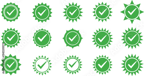 Green Check Mark Badge Icon Set for Approved Quality Certification, Verified Guarantee Labels, Success Confirmation Symbols, and Trusted Product Validation Design