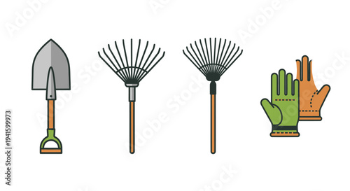 Set of garden tools including shovel rakes and gloves.