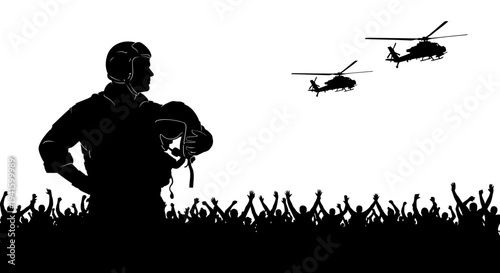 Silhouette of a pilot with helicopters flying over a cheering crowd