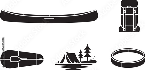 Outdoor recreation vector icons featuring a canoe, backpack, sleeping bag, and campsite