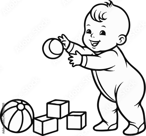A smiling baby in pajamas reaches for a toy ball, with blocks nearby