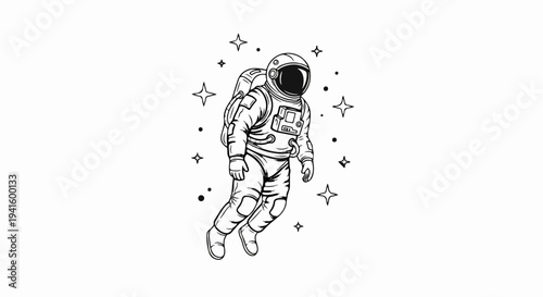 A stylized drawing of an astronaut floating among stars in outer space