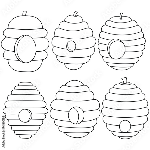 Hand-drawn doodle set of beehives on a white background.