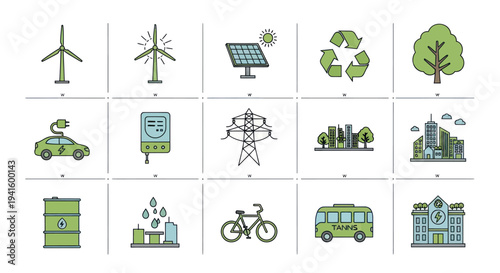 Collection of eco-friendly technology and renewable energy icons.